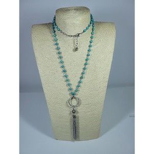 Sweet Lola Silvertone Faux Turquoise Howlight Chain BOHO Tassel Pendant Necklace
